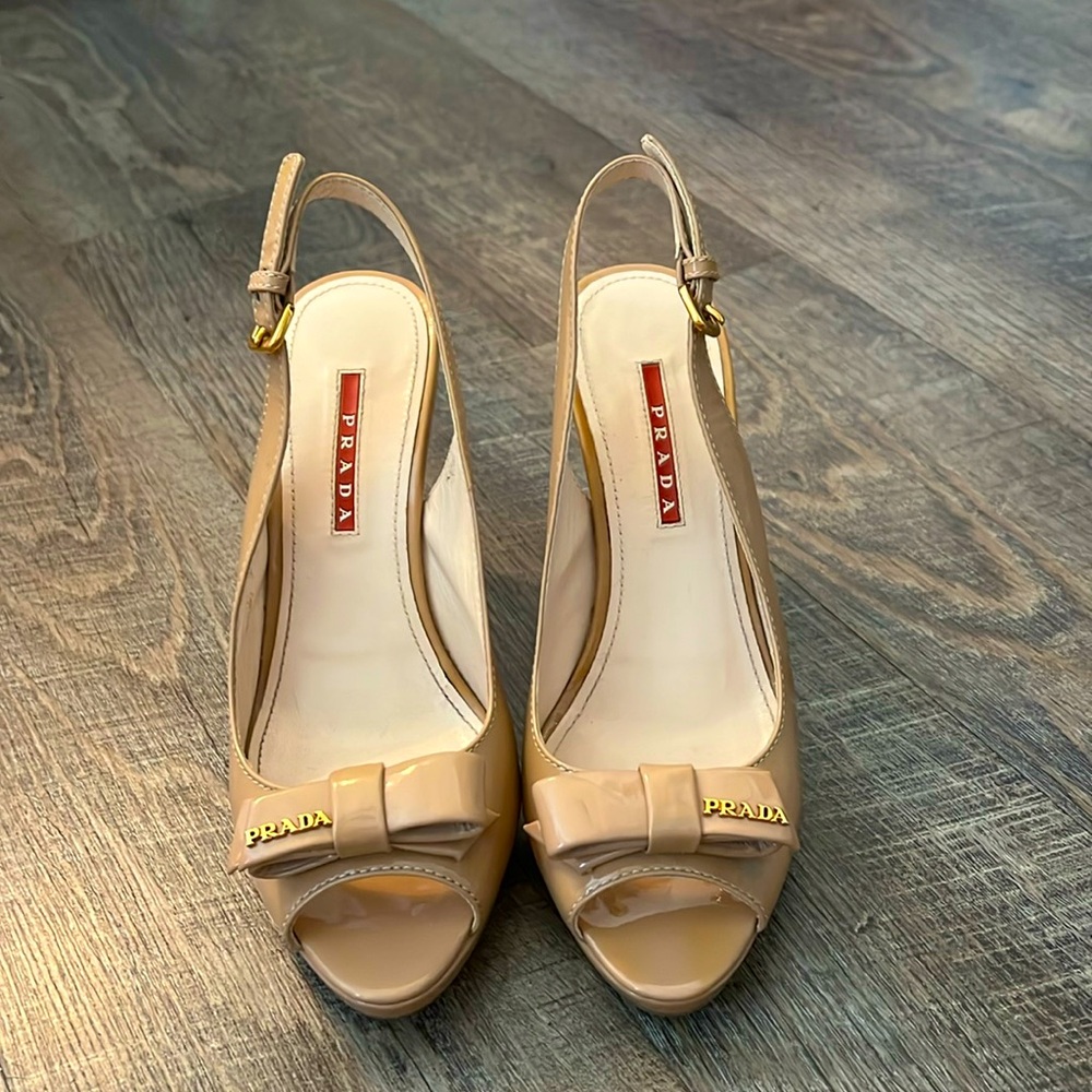 Prada Bow Wedges, Camel Patent Leather
